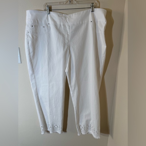 Ruby Rd Plus Stretch Denim Embroidered Eyelet Frayed Hem Pull-On Crop Pants 22W - Picture 3 of 7